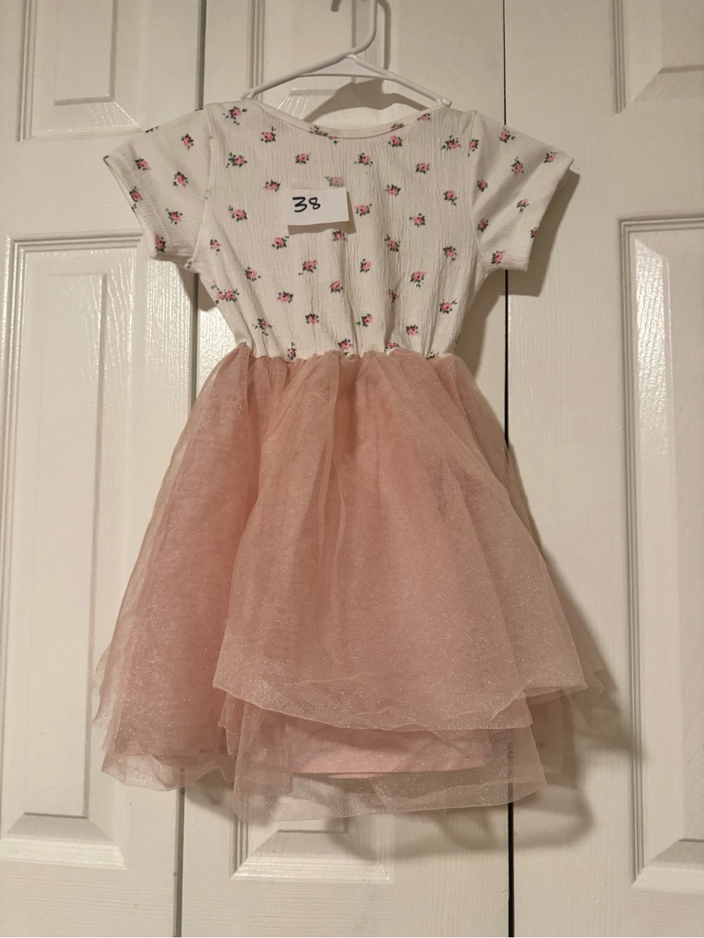 Girls' White & Light Pink Floral Tulle Party Dress